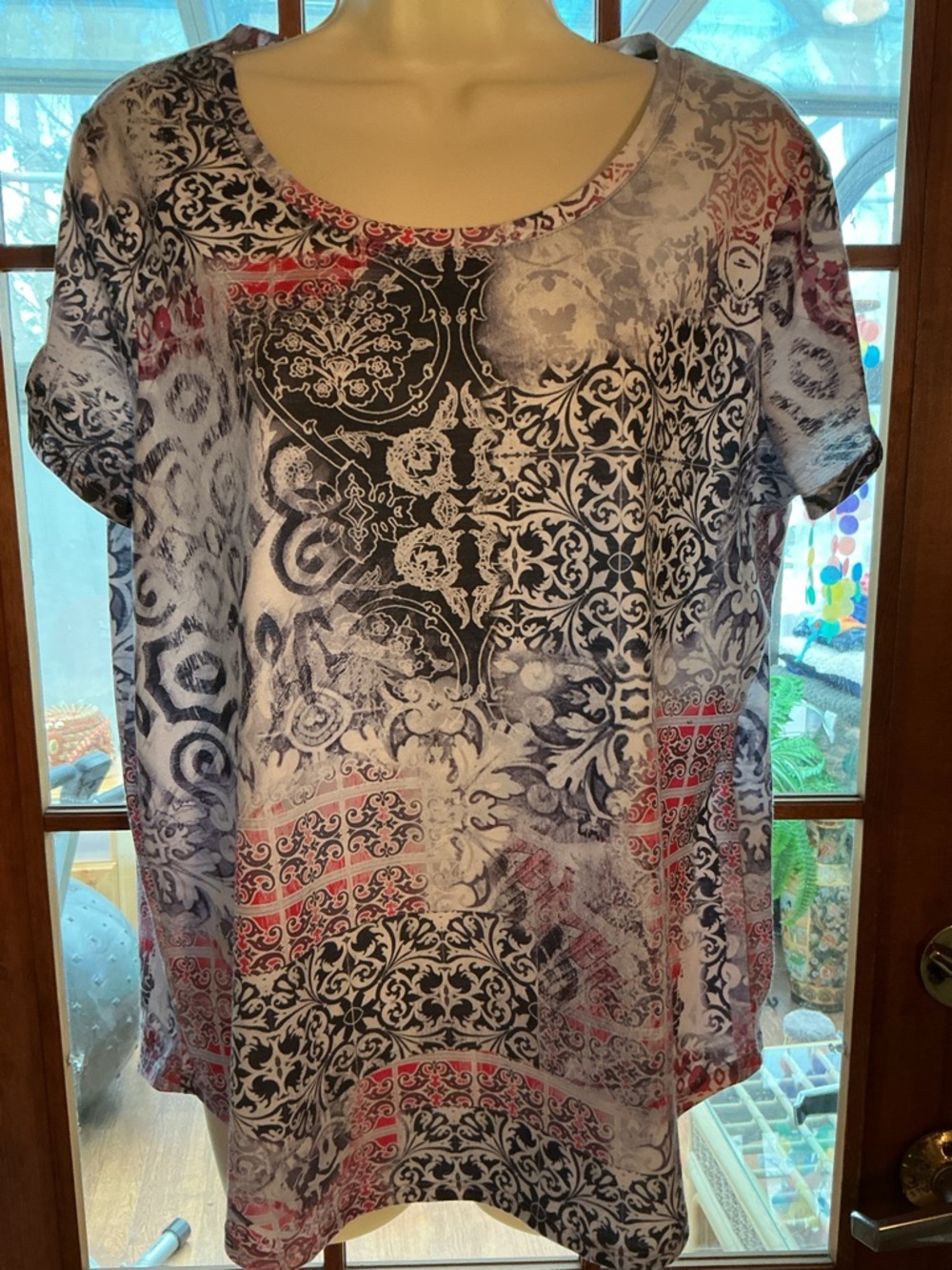 Scoop Neck Printed Tunic in Black, White & Red Accents